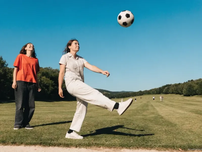 Fußballgolf: Abschlag mit dem Fußball auf der Wiese