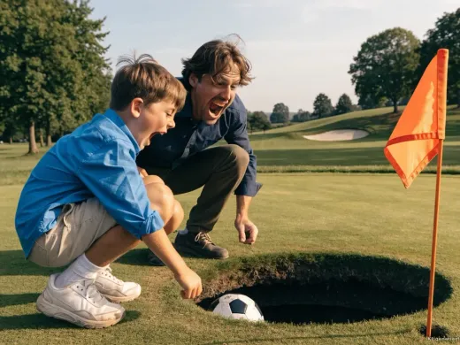 Vater und Sohn jubeln am Fußballgolf-Loch