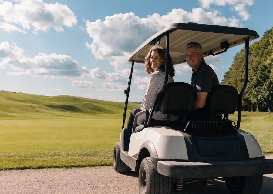 Gastspieler mit Golfcart auf dem sonnigen Fairway