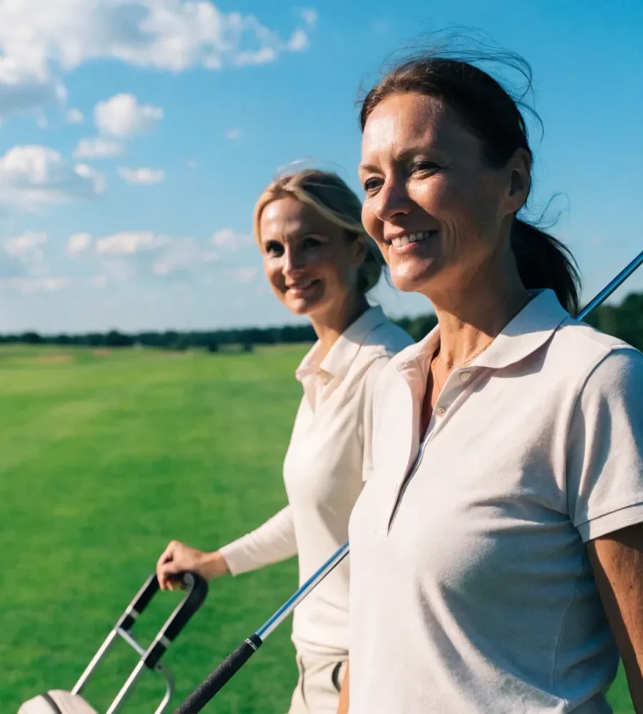 Zwei Golferinnen lachen an einem sonnigen Tag auf dem Platz